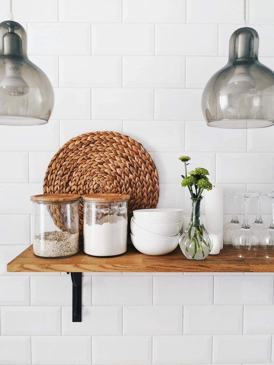 clean organized simple shelf in kitchen